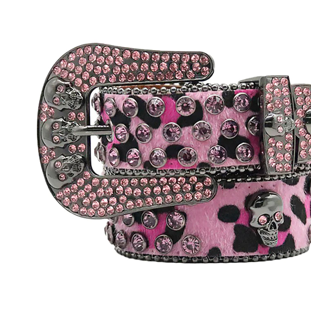 Skull Buckle Pattern Pink Strap With Pink Studded Rhinestone Belt