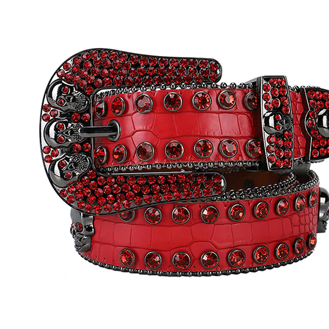 Skull Buckle Red Studded Rhinestone Belt