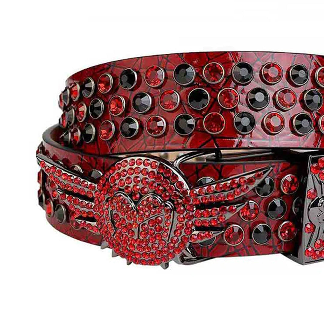 Angel Wings Buckle Red Strap With Red & Black Studded Rhinestone Belt