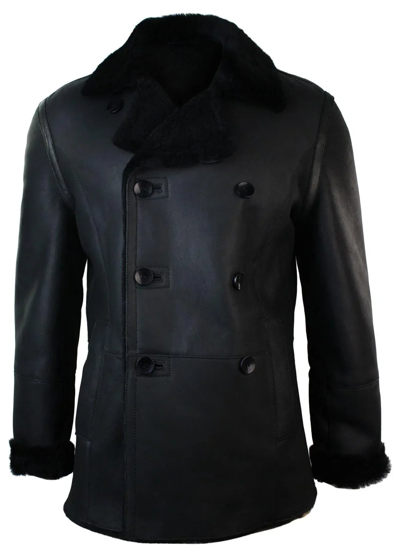 Men's Black German-Style Double-Breasted Leather Coat