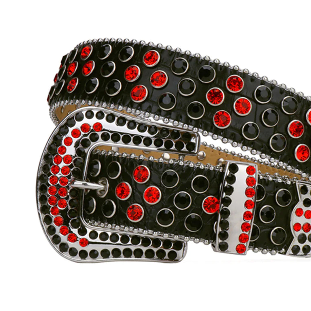Black Strap With Red & Black Studded Rhinestone Belt