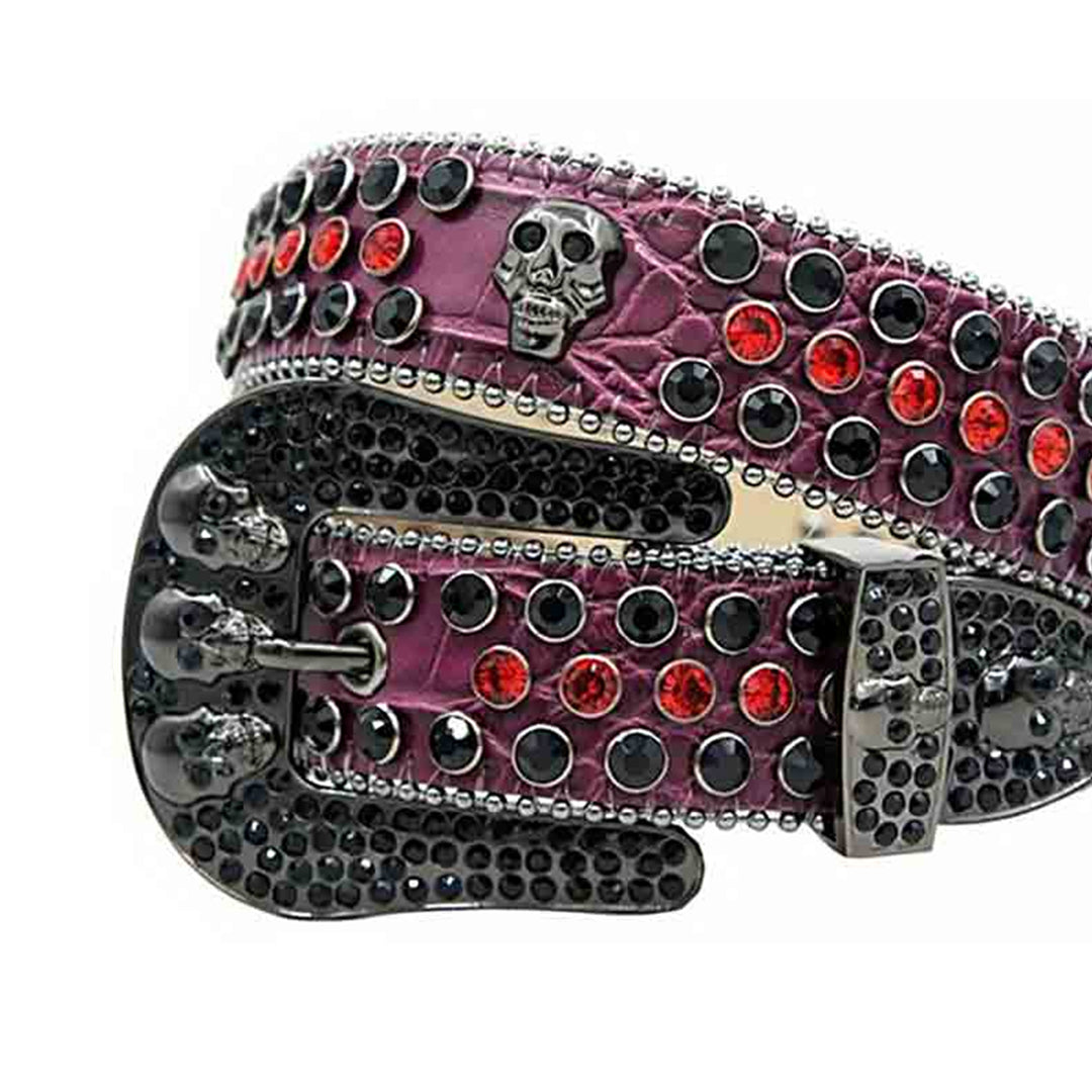Skull Buckle Purple Strap With Black & Red Studded Rhinestone Belt