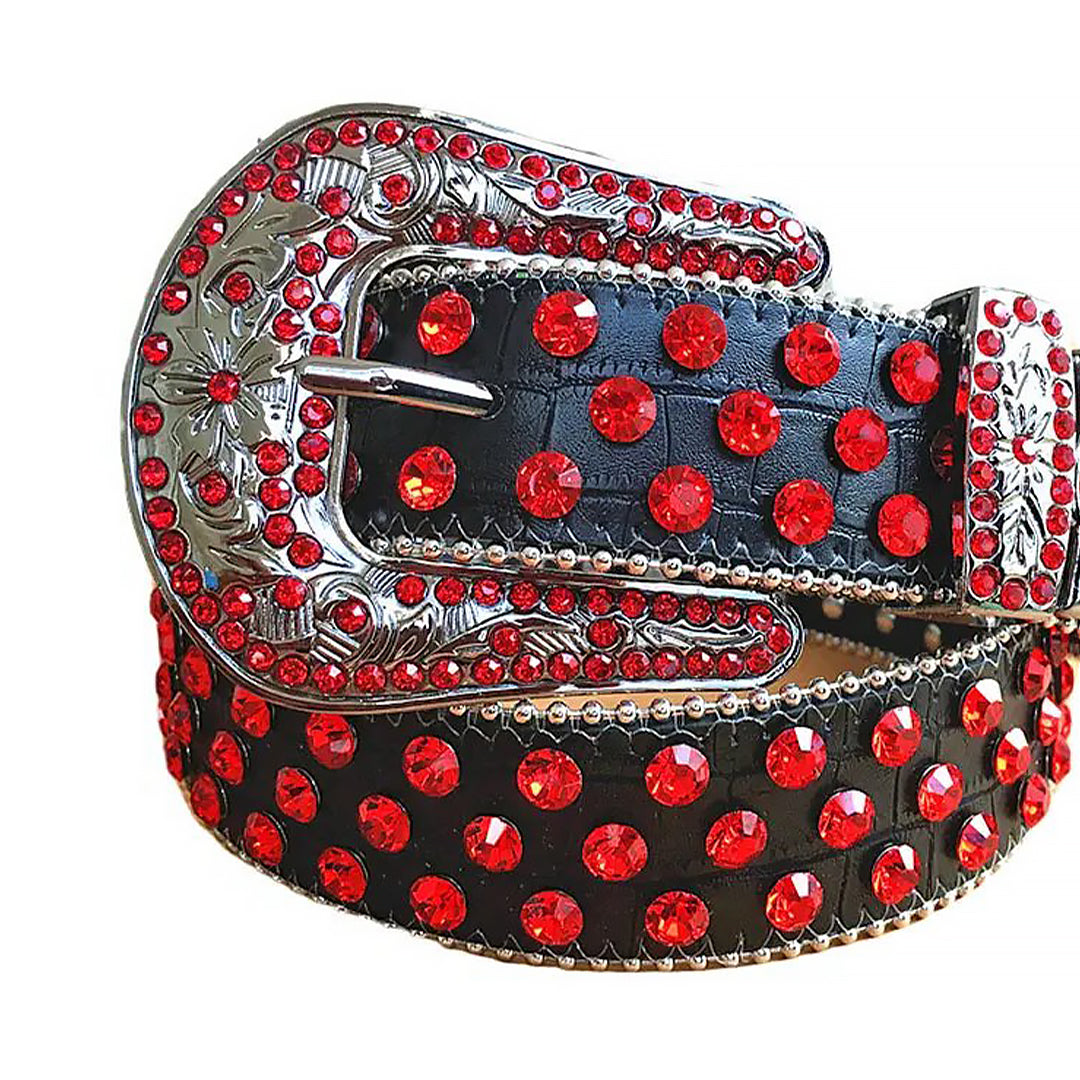 Red Rhinestone Belt With Black Textured Strap Silver Buckle