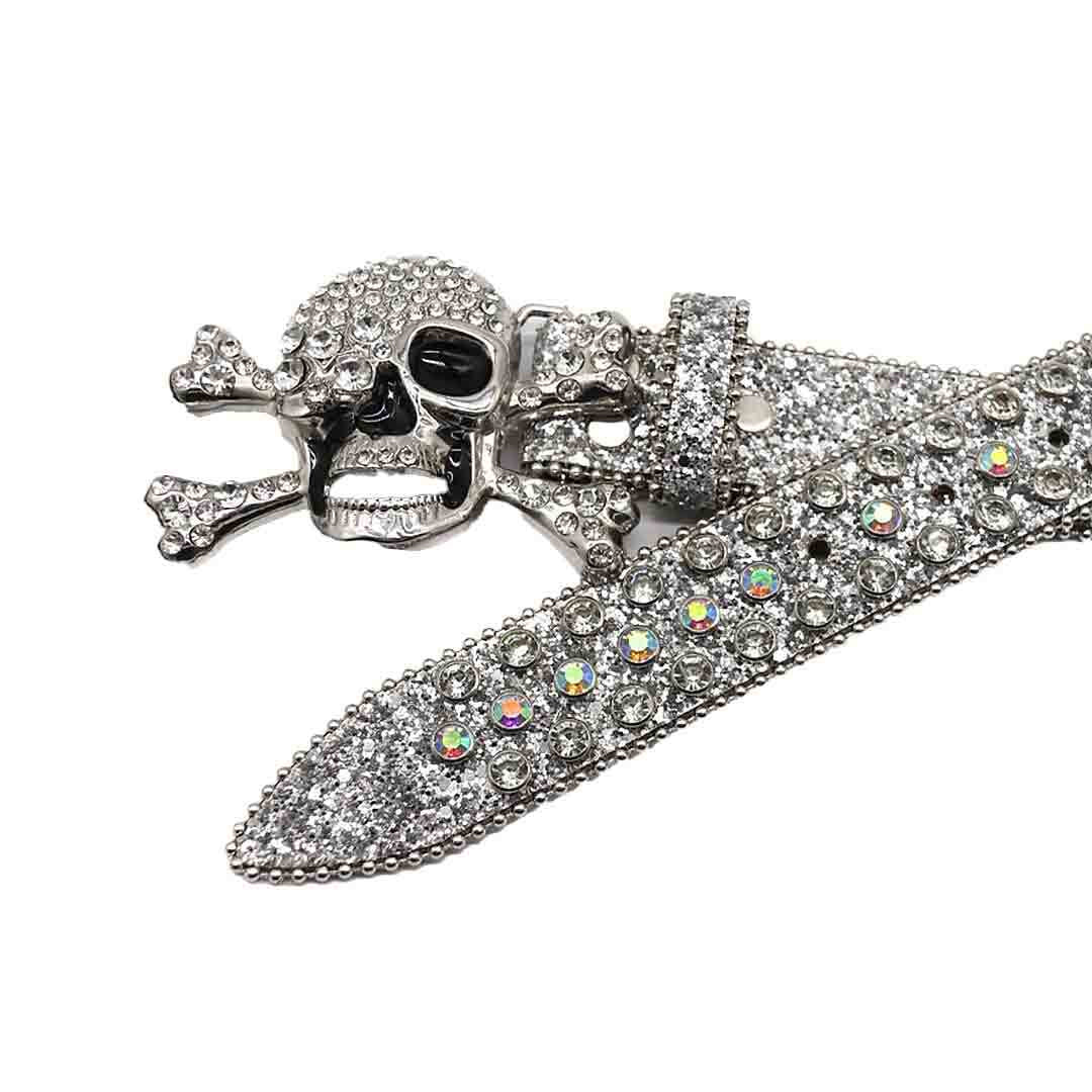 Metal Skull Buckle Silver Strap With Silver & Multi Studded Rhinestone Belt