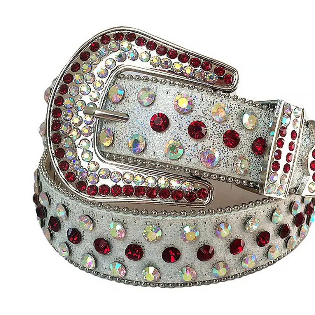 Red And Chromatic Rhinestone Belt With Grey Glitter strap