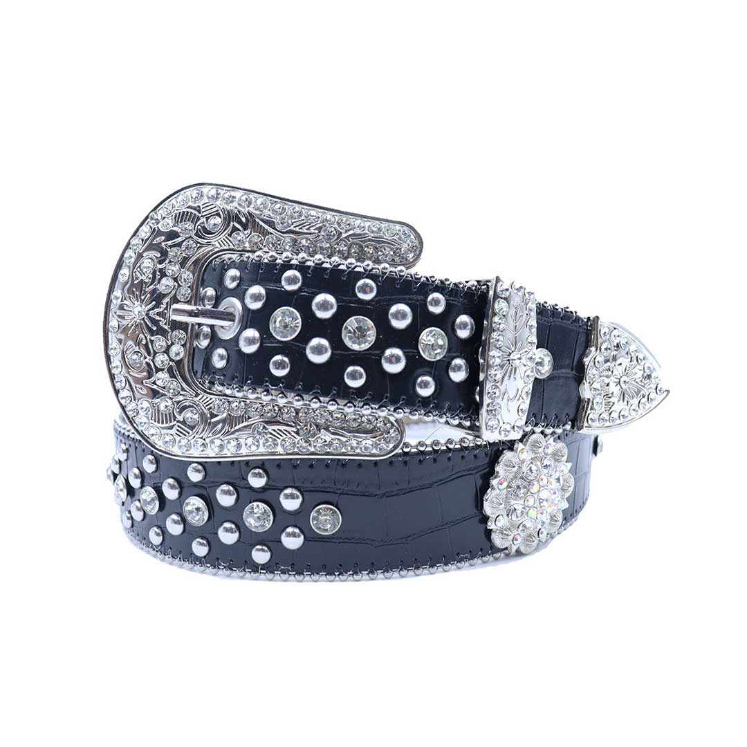 Engraved Buckle Black Strap With Crystal & Metal Studded Rhinestone Belt