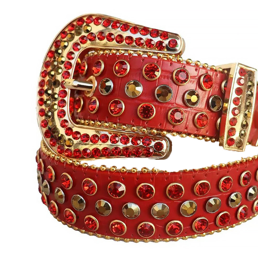 Red And Gold Rhinestone Belt With Red Textured Strap