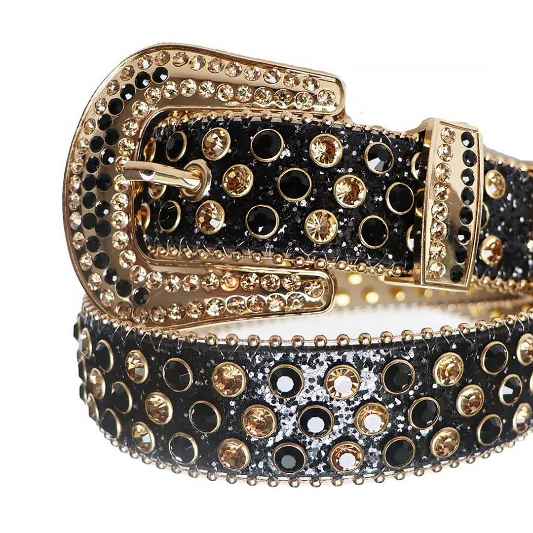 Black And Gold Rhinestone Belt With Black Glitter Strap
