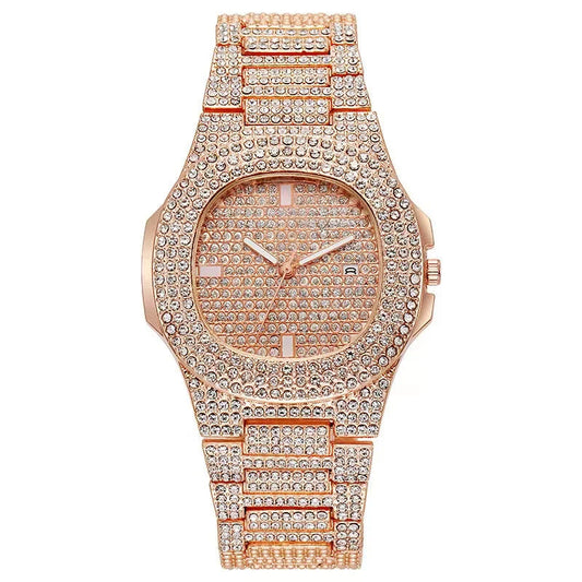 Men's Hip Hop Iced Out Quartz Watch with Stainless Steel Band