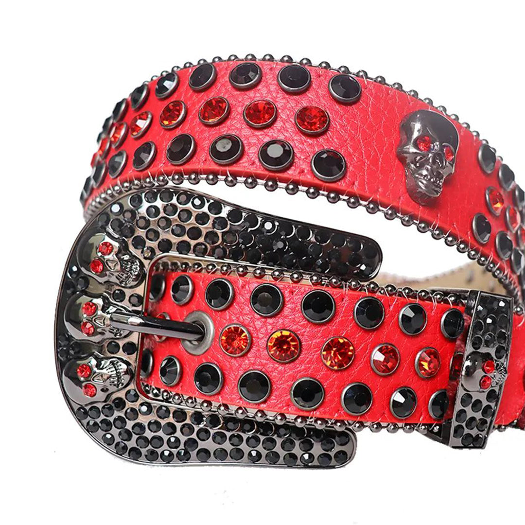 Black and Red Rhinestone Belt With Red Strap and Skull Buckles