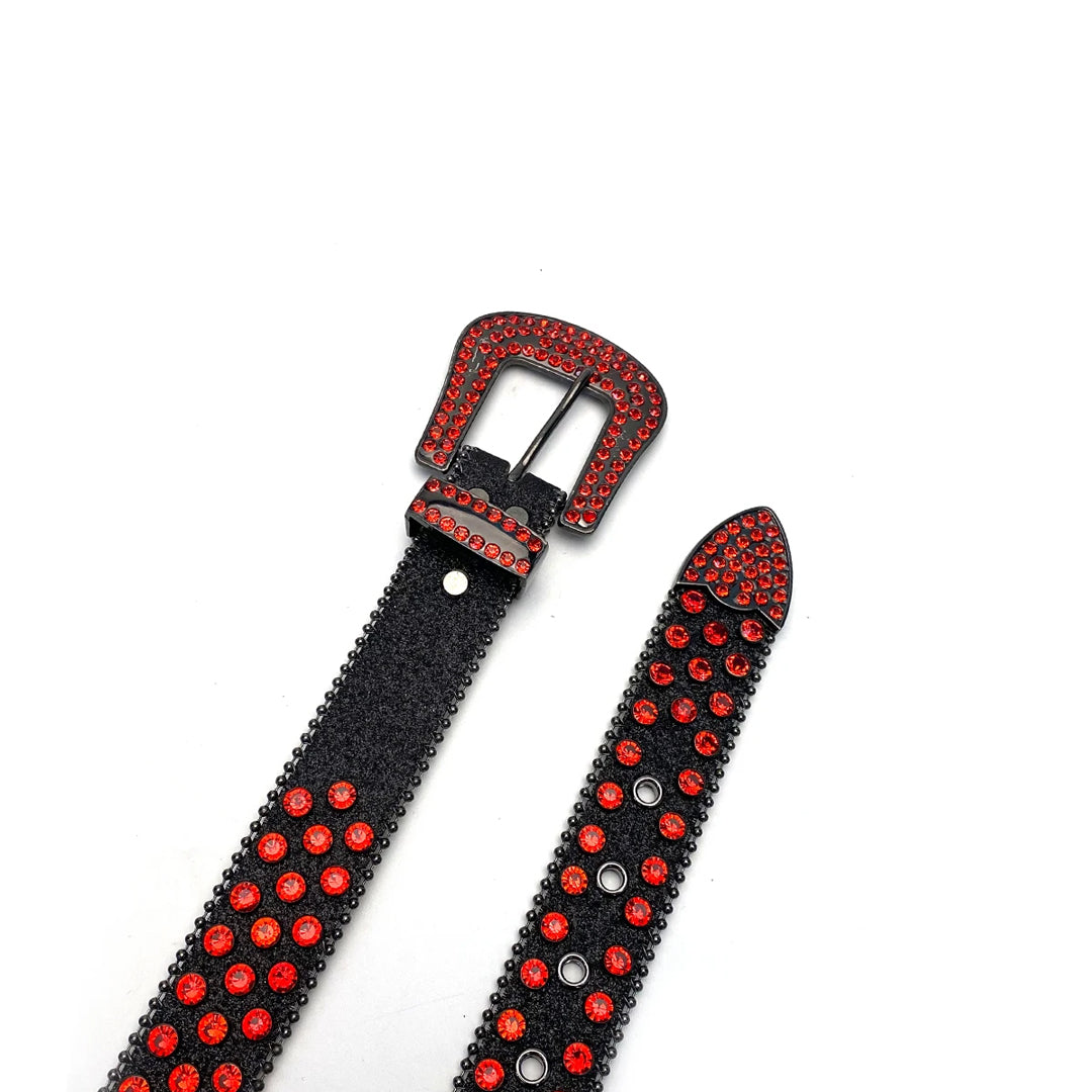 Black Strap With Red Studded Rhinestone Belt