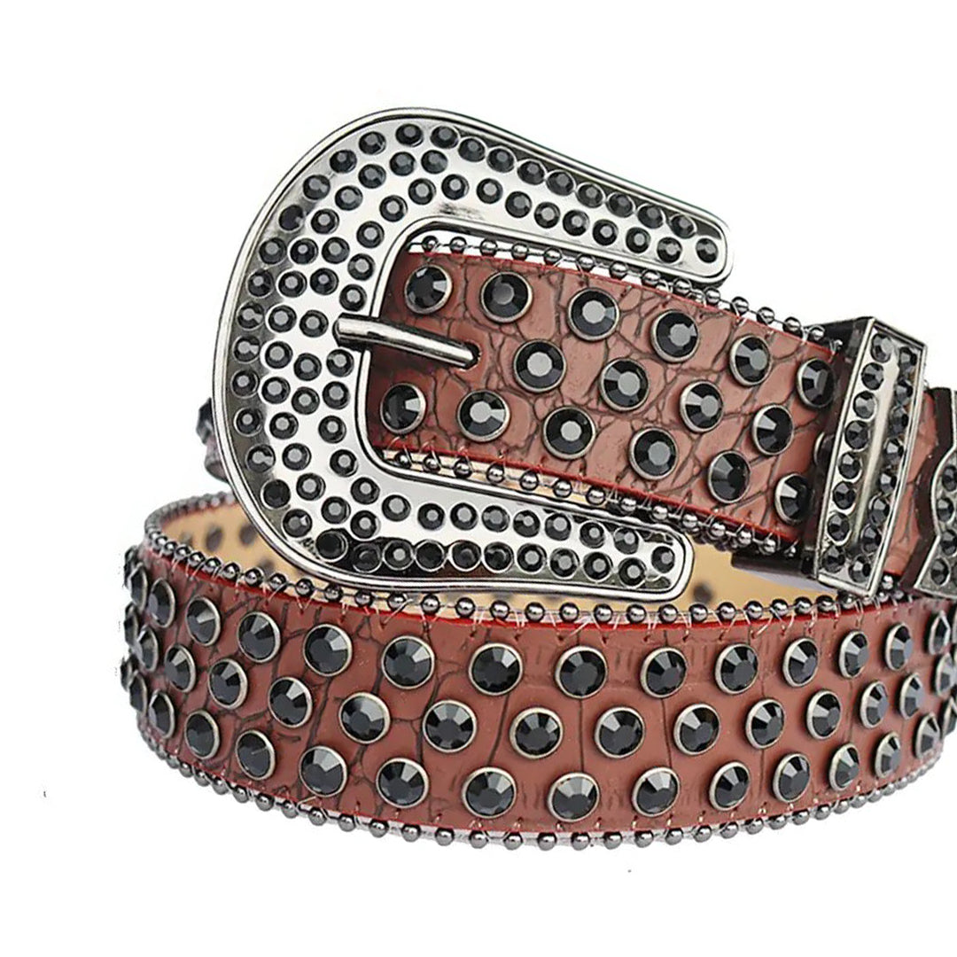 Black Rhinestone Belt With Brown Textured Strap