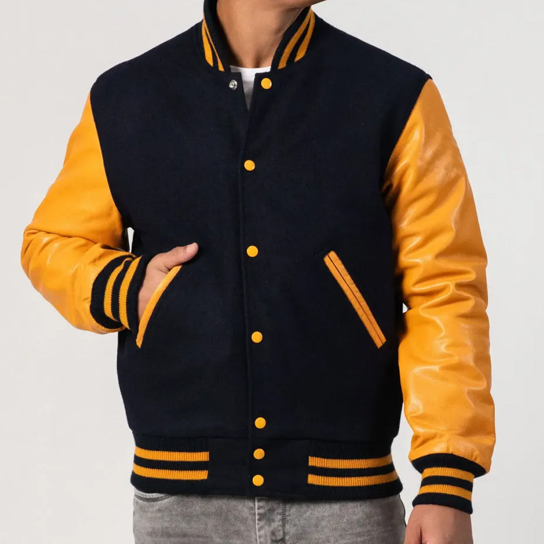 Black Wool Body & Bright Gold Leather Sleeves Varsity Jacket