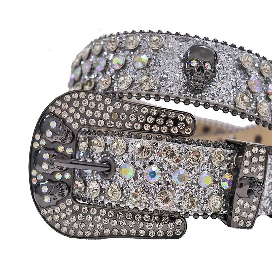Diamond Rhinestone Belt With Grey Glitter Strap and Skull Buckles