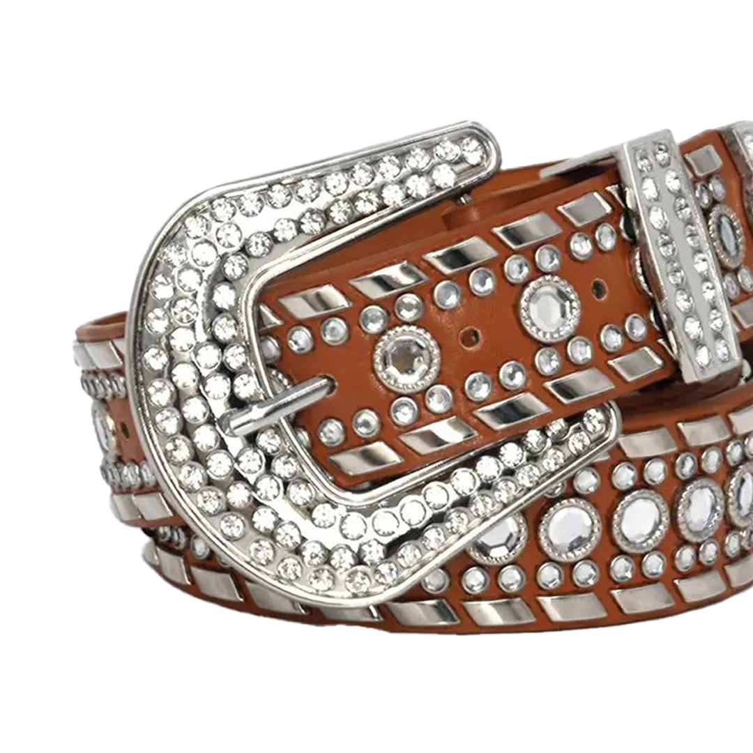 Diamond Rhinestone Belt With Brown Strap