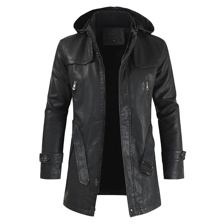 Black Fashion Hooded Long Leather Motorcycle Coat