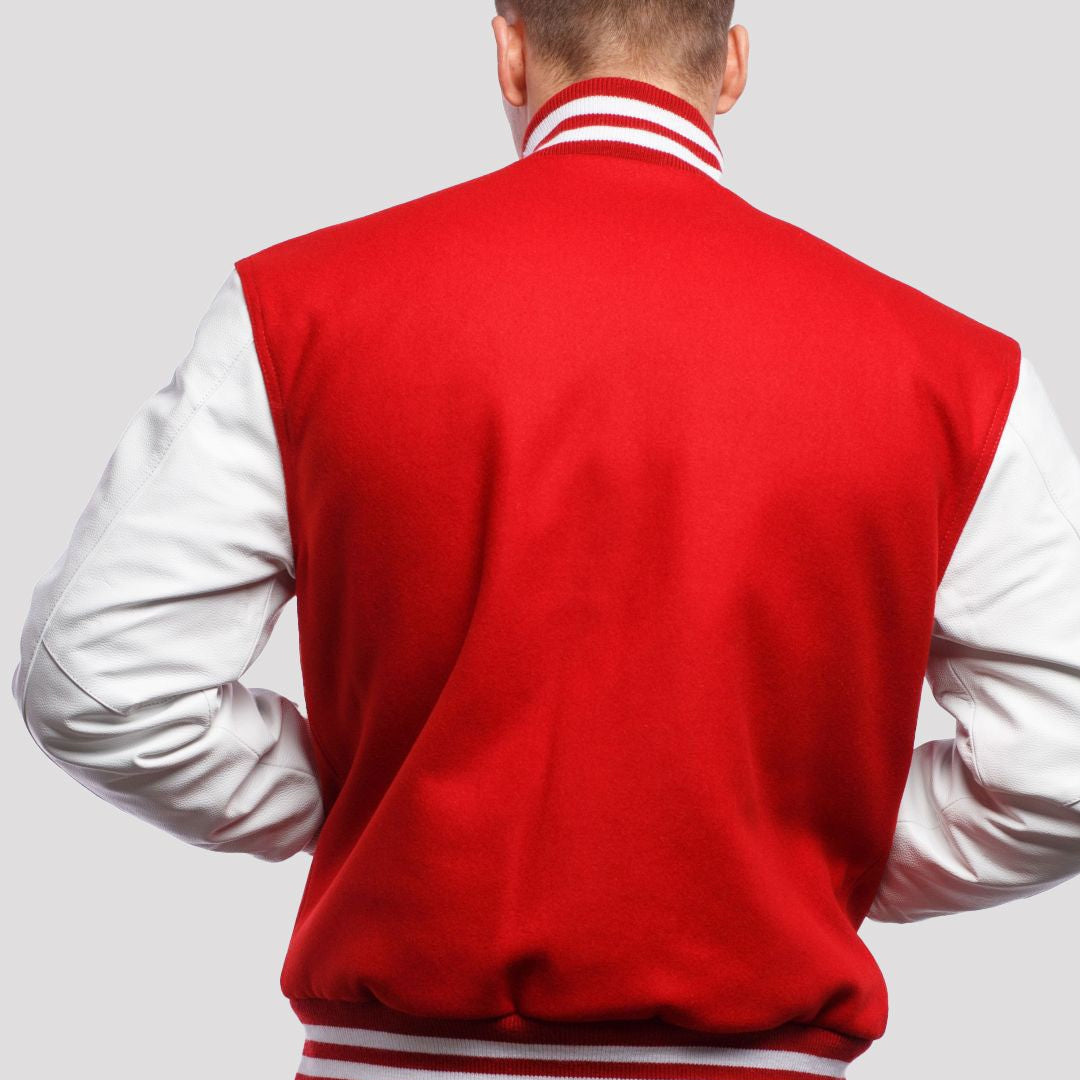 Scarlet Wool Body & Bright White Leather Sleeves Varsity Jacket
