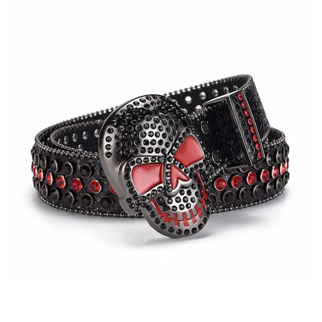 Skull Buckle Black Strap With Black & Red Studded Rhinestone Belt