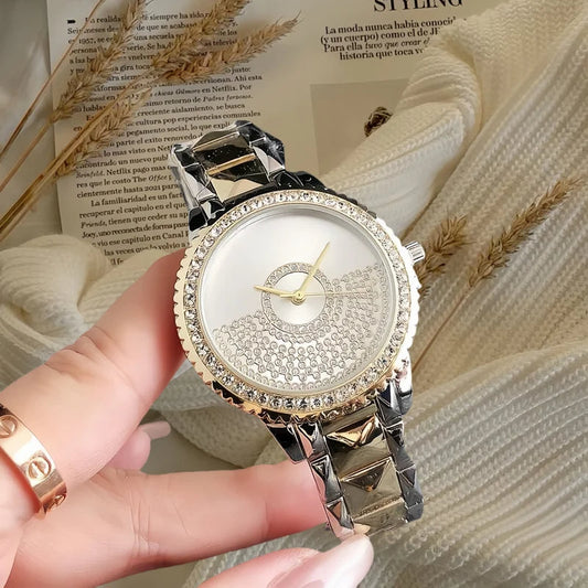 Diamond Luxury Women's Watches Silver & Black Dial, Rhinestone Accents