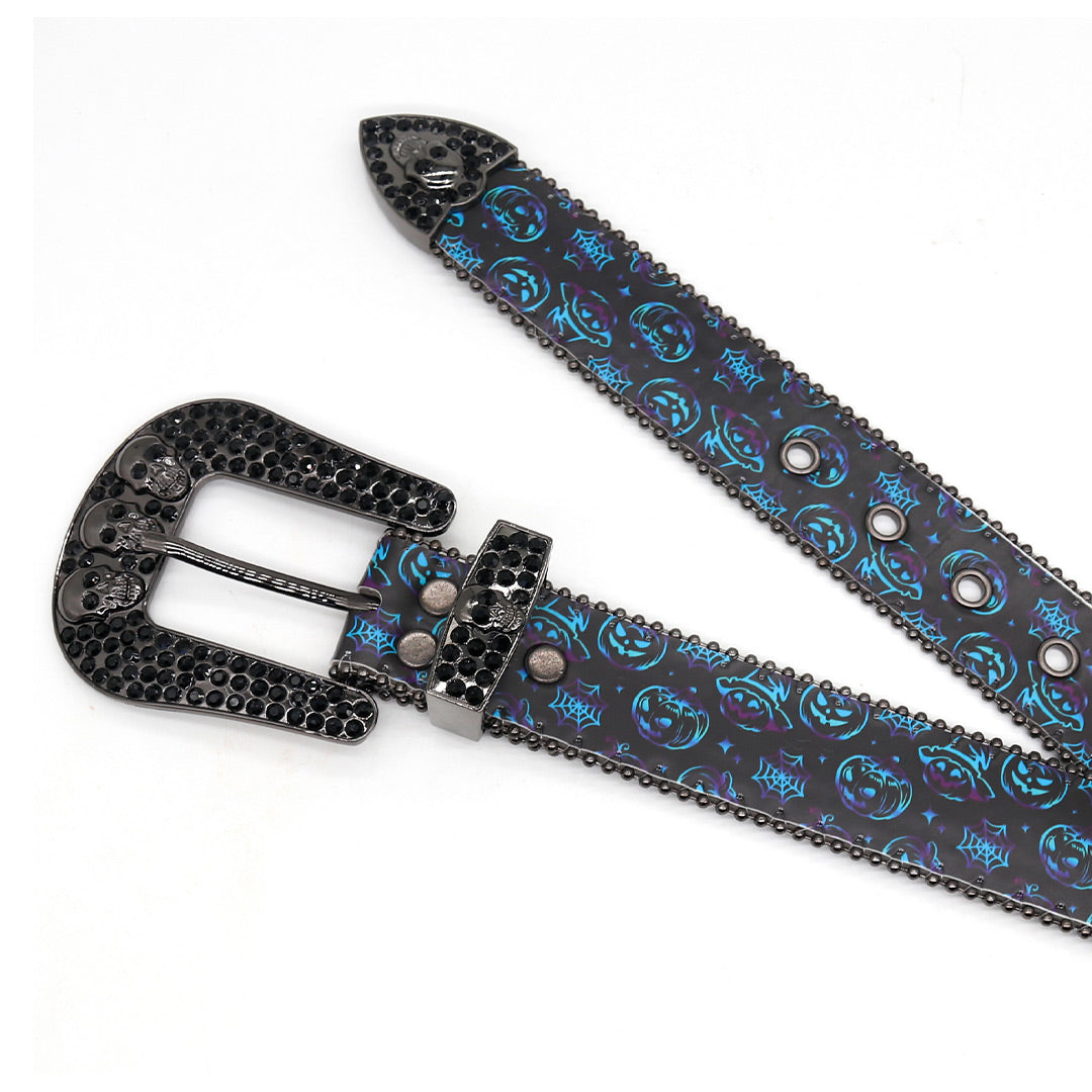 Skull Buckle halloween Strap Black Studded Rhinestone Belt