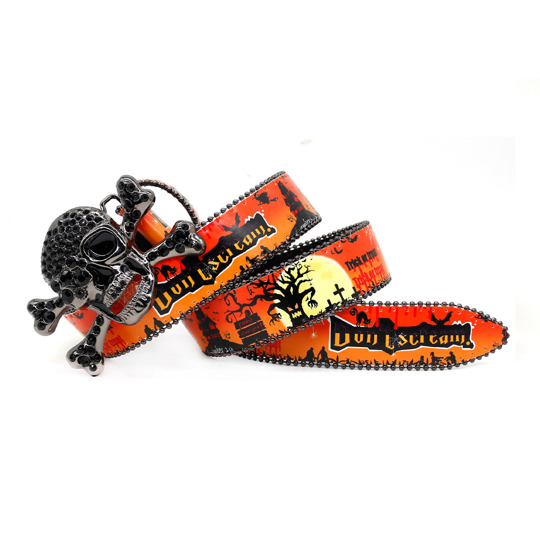 Skull Buckle Orange Strap Halloween Rhinestone Belt