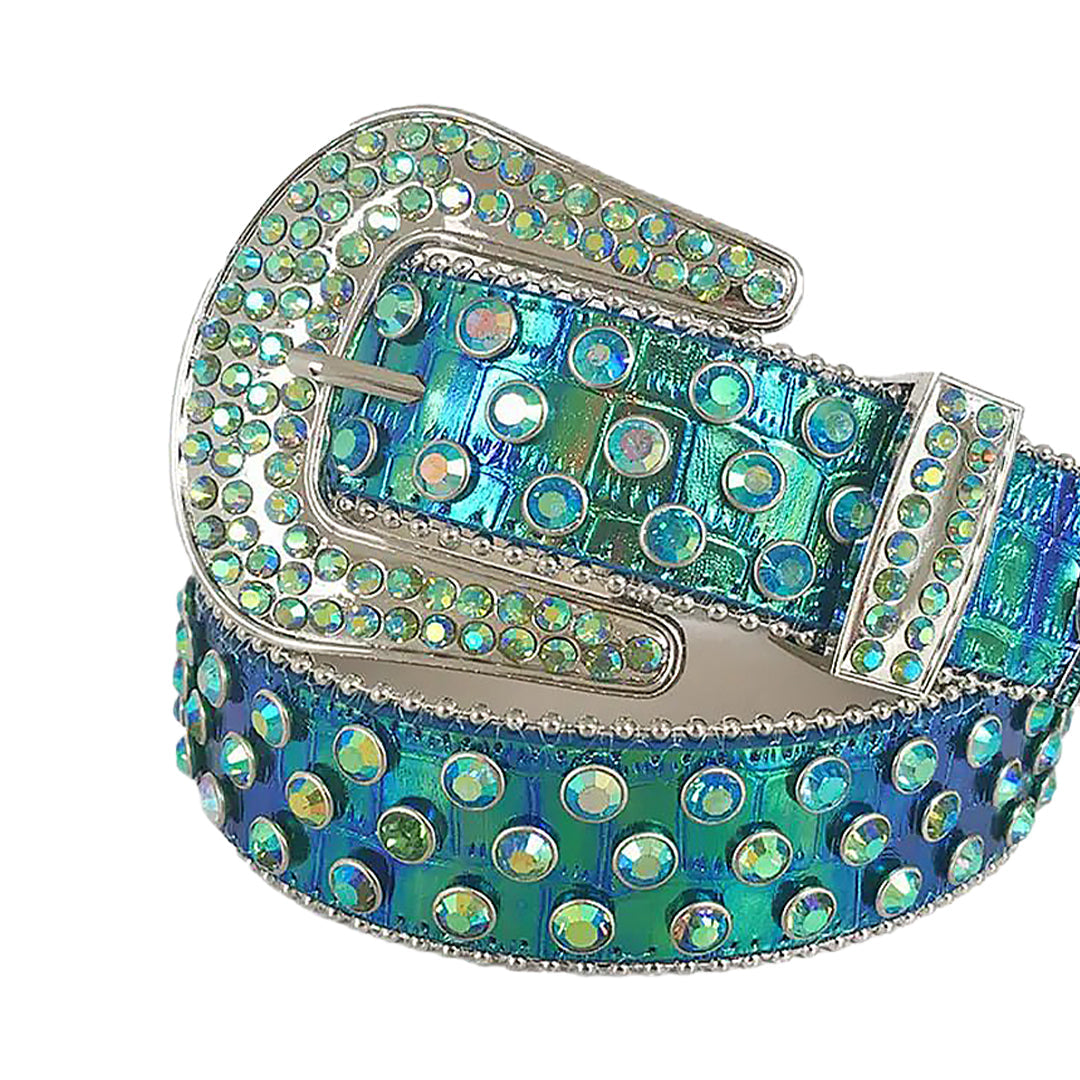 Green Chromatic Multi Color Rhinestone Belt With Green Chromatic Strap
