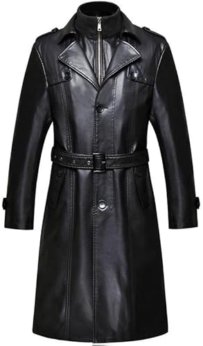Black Double Collar Long Trench Leather Coat