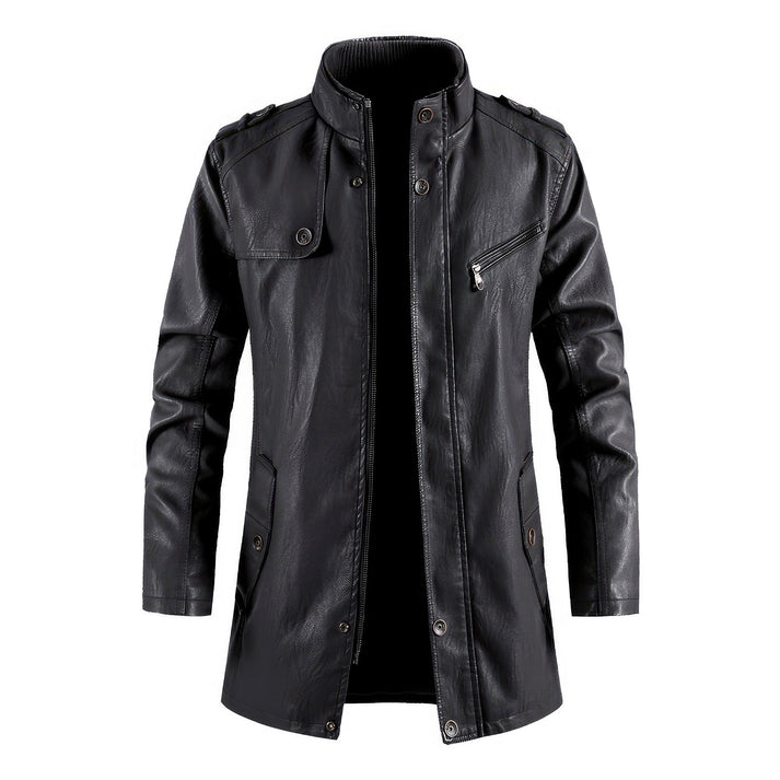 Black Stand Collar Vintage Casual Biker Leather Coat