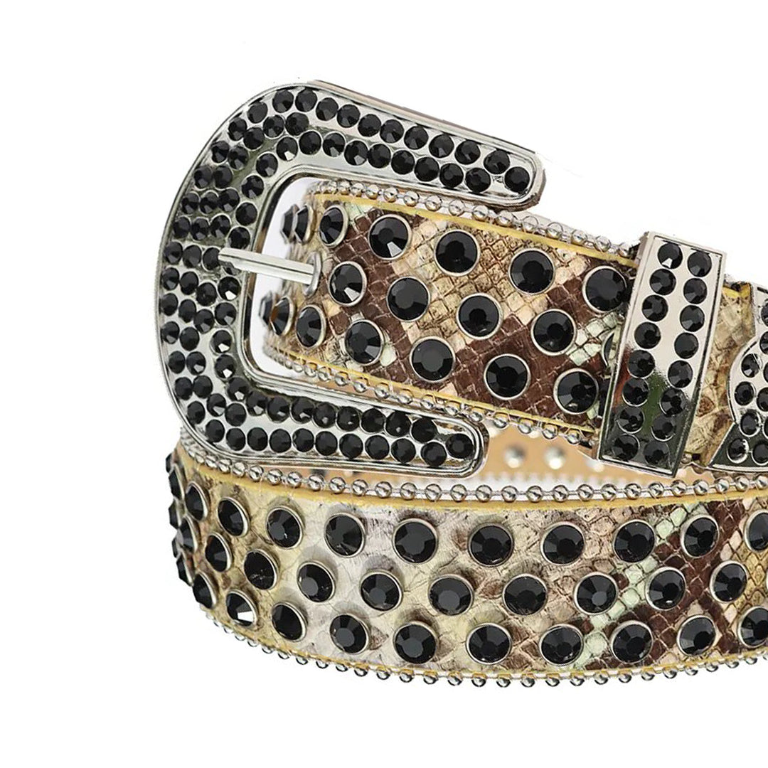 Black Rhinestone Belt With Golden Snake Texture Strap