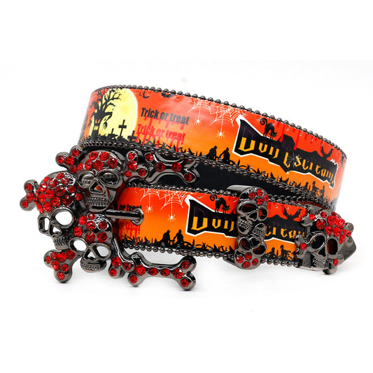 Skull Buckle Halloween Special Strap With Red Studded Rhinestone Belt