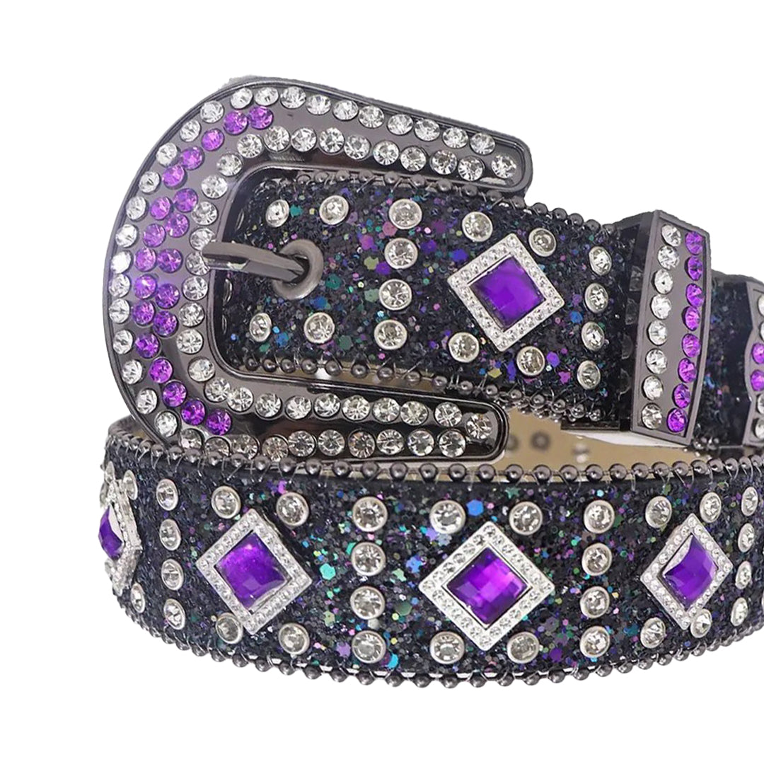 Purple Sapphire Rhinestone Belt With Black Glitter Strap