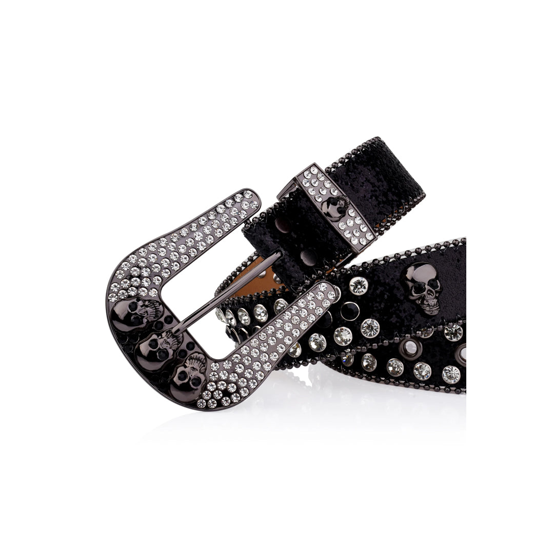 Skull Buckle Black Strap With Black & Crystal Studded Rhinestone Belt