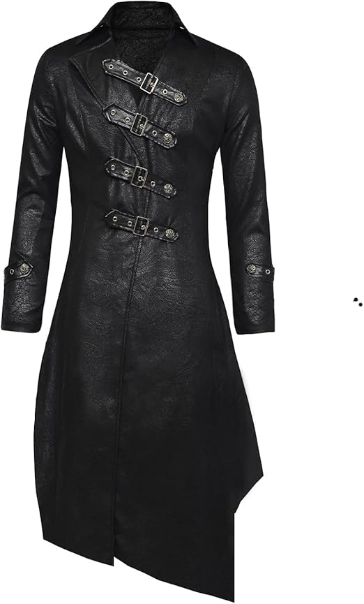 Black Gothic Steampunk Long Leather Trench Coat