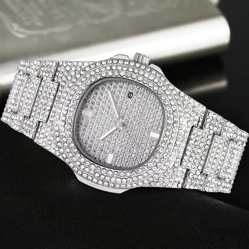 Men's Hip Hop Iced Out Quartz Watch with Stainless Steel Band