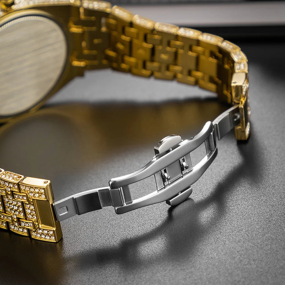 18K Gold-Plated Iced-Out Waterproof Men's Watch