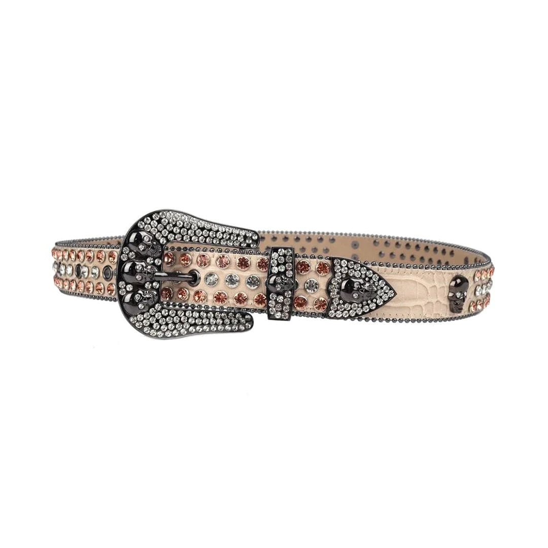 Skull Buckle Beige Strap With Brown & Crystal Studded Rhinestone Belt