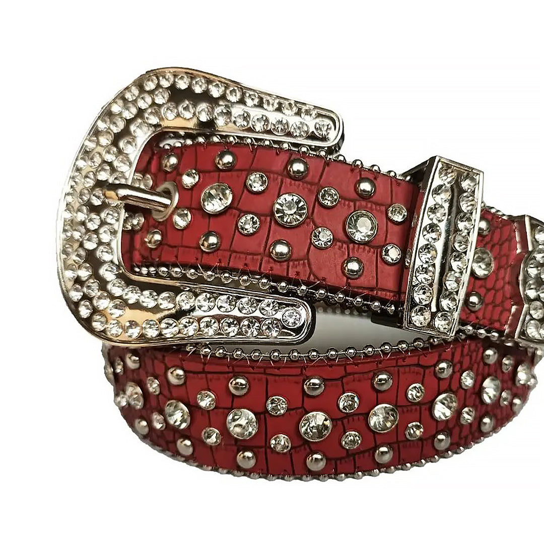Diamond Rhinestone And Silver Studs Belt With Red Texture Strap
