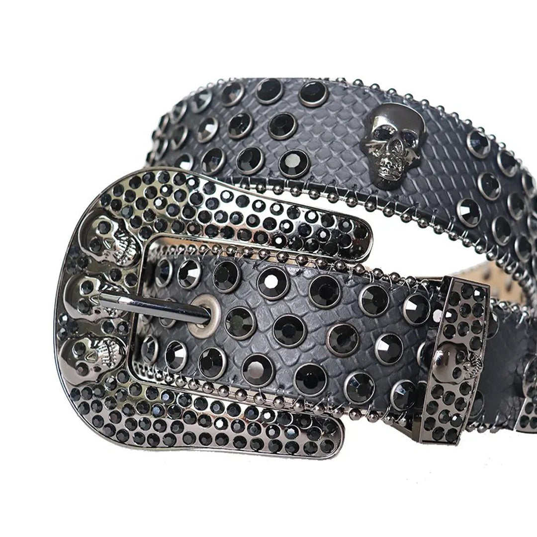 Black Rhinestone Belt With Charcoal Snake Texture Strap and Skull Buckles