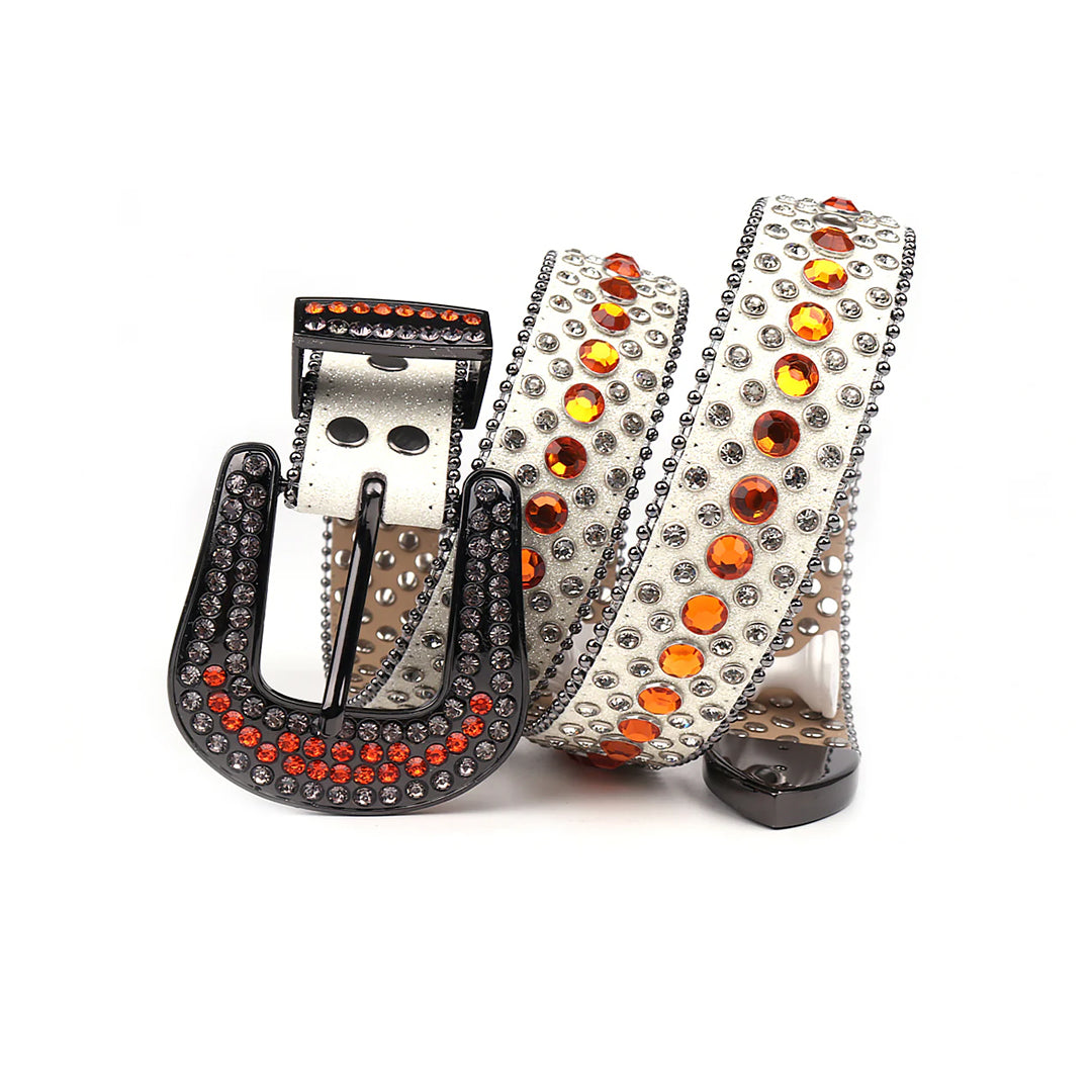 White Strap With Orange & Crystal Studded Rhinestone Belt