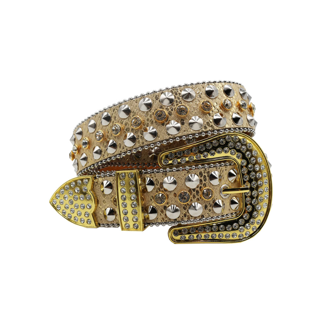 Gold Engraved Buckle Western Belt With Crystal Studded Rhinestones