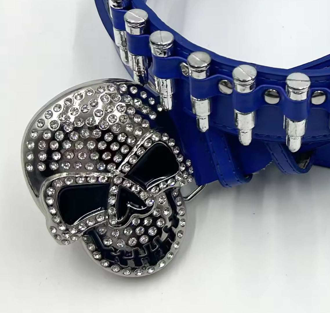 Skull Buckle with Blue Bullets Strap Rhinestone Belt
