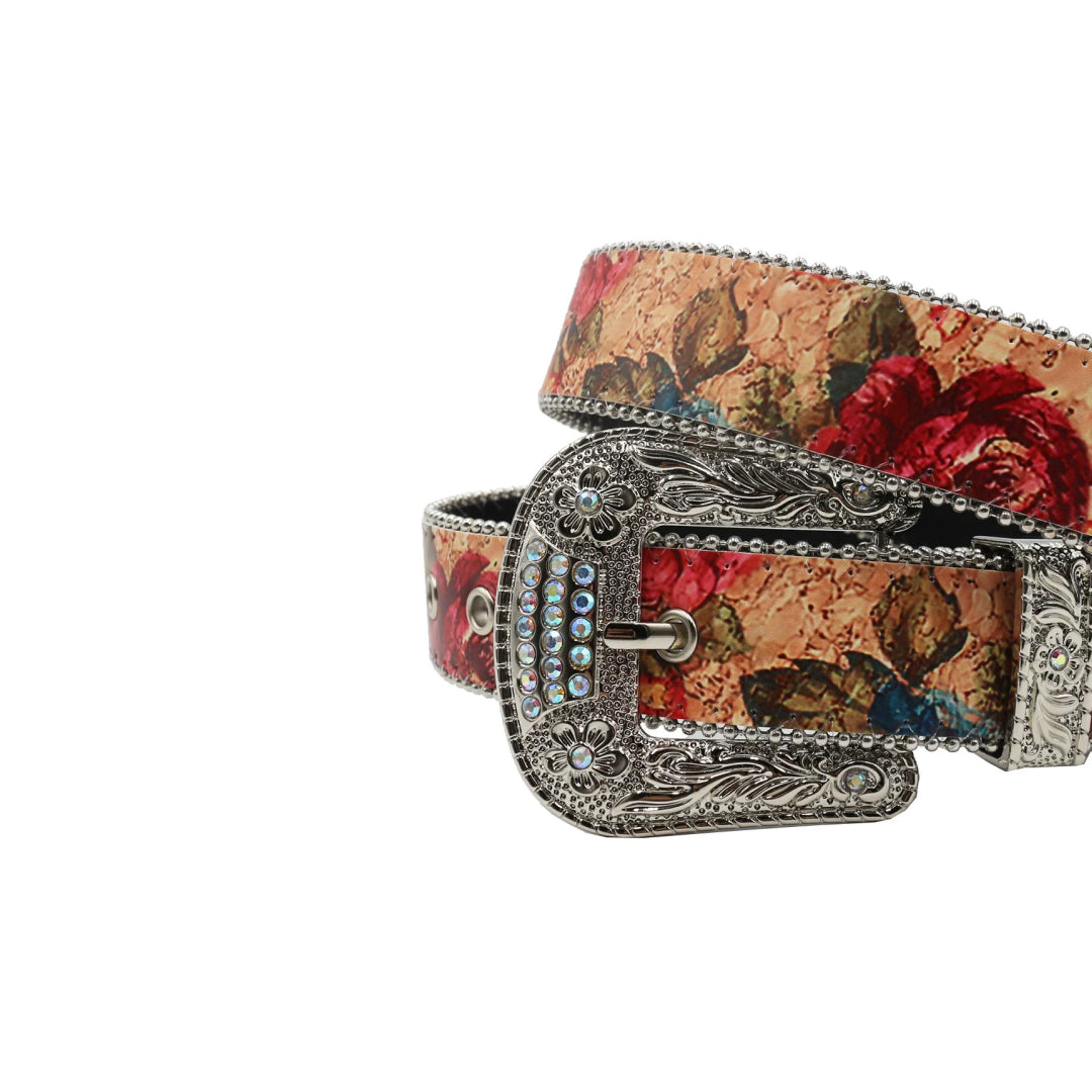 Silver Buckle Flower Style With Blue Studded Rhinestone Belt