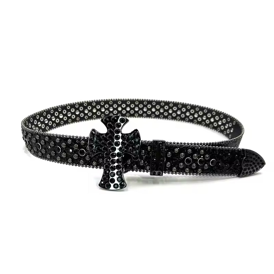 Cross Buckle Black Strap WIth Black Crystal Studded Rhinestone Belt