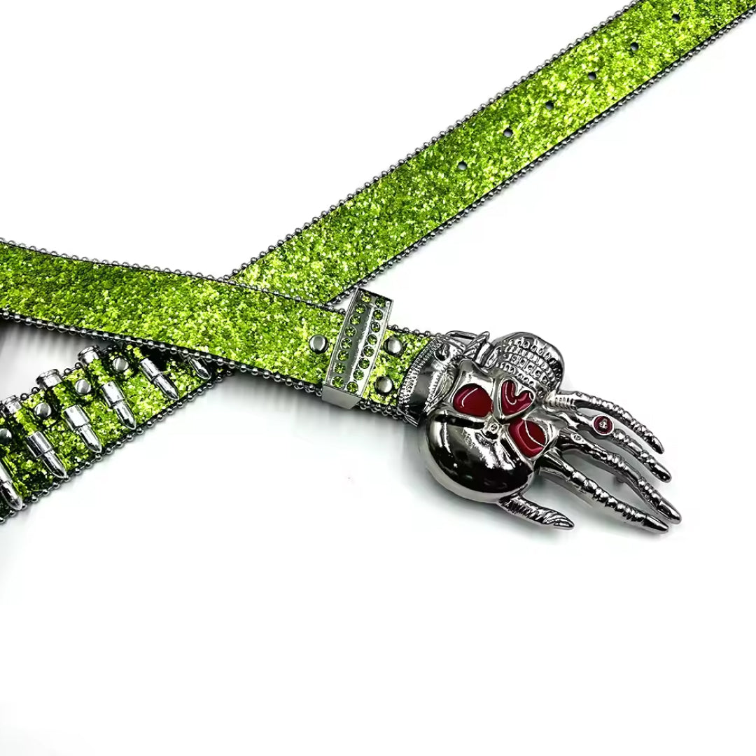 Skull Buckle Glitter Green Strap Bullet Studded Rhinestone Belt