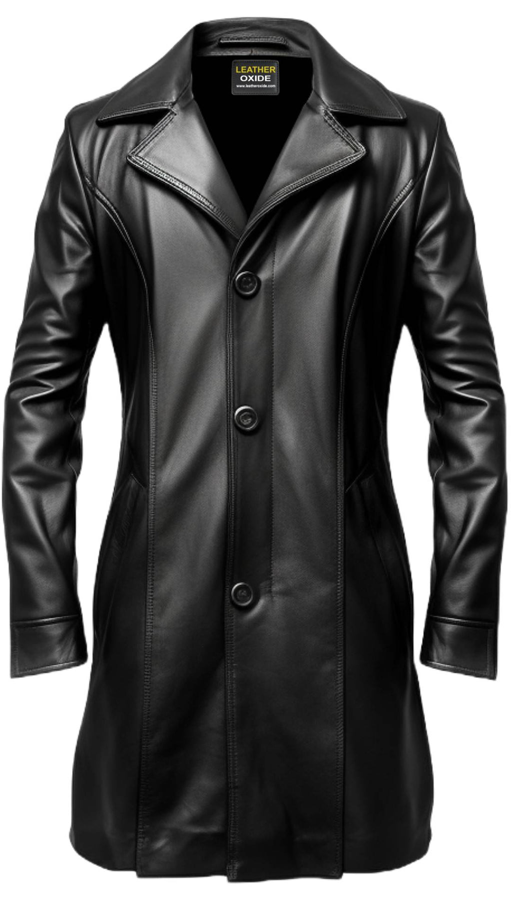 Black Stylish Button Long Leather Coat