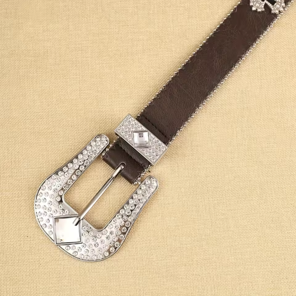 Women's PU Leather Bohemian Belt with Metal Fittings, Spot Drill, Cross Chain & Buckle