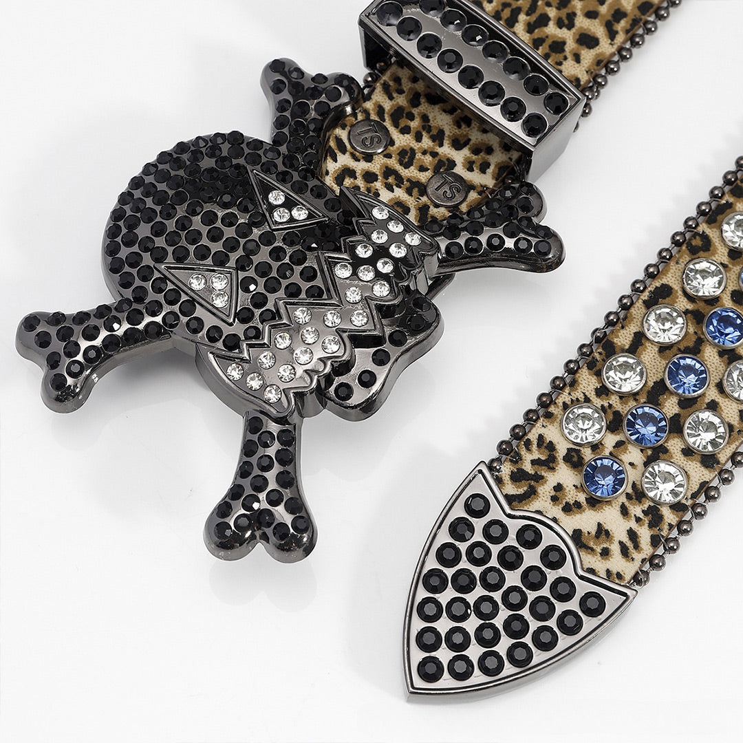 Gengar Buckle Leopard Strap With Black Studded Rhinestone Belt