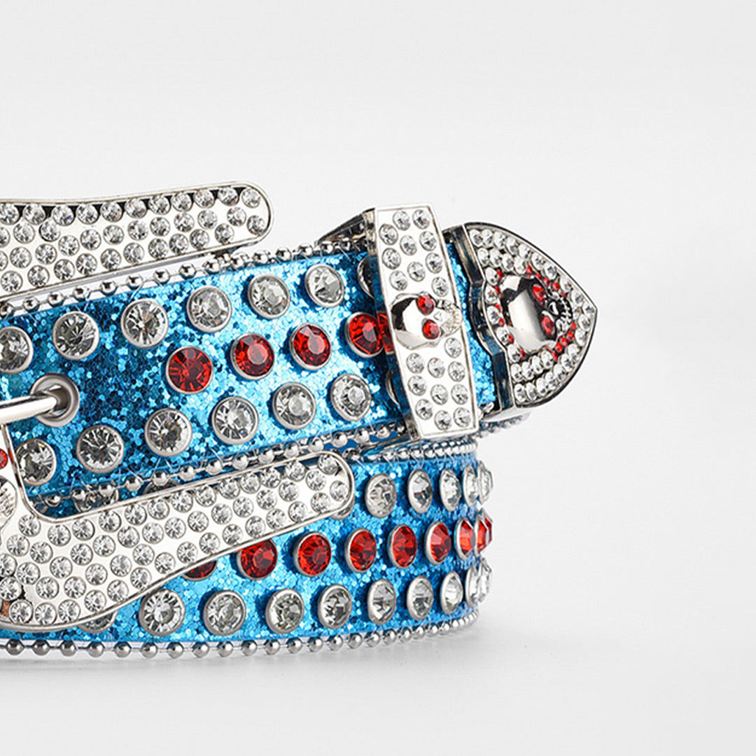 Skull Buckle Blue Shiny Strap With Crystal Studded Rhinestone Belt