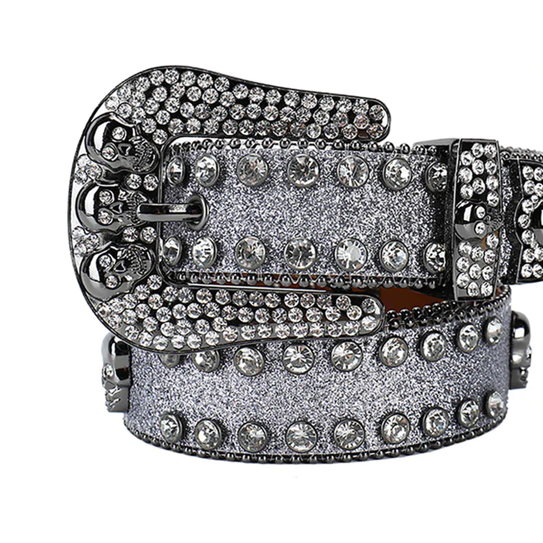 Skull Buckle Grey Strap With Grey Studded Rhinestone Belt