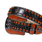 Skull Buckle Black Strap With Orange & Black Studded Rhinestone Belt